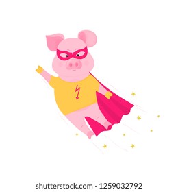 Funny pig in superhero costume flying. Cute piggy in a t-shirt and raincoat.