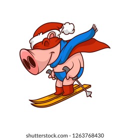 Funny pig superhero riding on skis. Humanized animal in hat, scarf, red mask and cape. Cartoon vector illustration