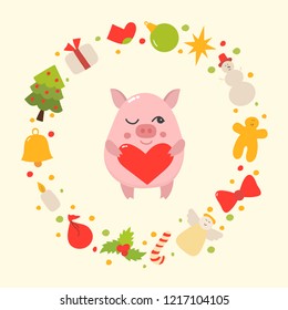 Funny pig. Symbol of 2019 year. Can be used for poster, postcard, invitation.