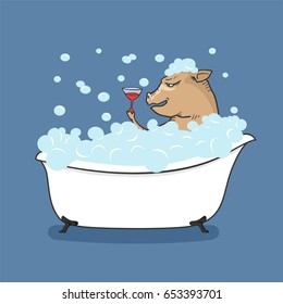 funny pig taking a bath with a wine cup in his hand