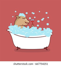 funny pig taking a bath with a wine cup in his hand