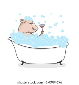 funny pig taking a bath with a wine cup in his hand