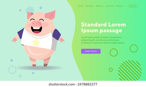 Funny pig in T-shirt with star flat vector illustration. Cartoon character standing and laughing. Animal, behavior, fashion concept can be used for banner or landing page