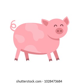 Funny pig vector flat illustration isolated on white background. Cute farm animal piggy icon cartoon character.