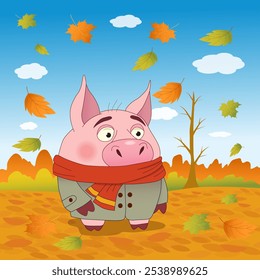 Funny pig walks through the autumn garden