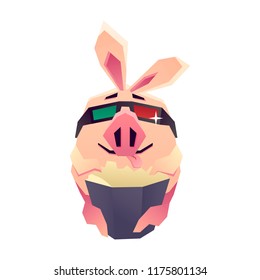 Funny pig watching 3D movie and eating popcorn. Vector flat illustration