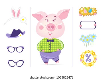 Funny pig wearing like a hipster, gentelman with different items. Vector illustration. Happy Easter.  Cartoon character.