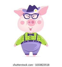 Funny pig wearing like a hipster, gentelman (hat, sunglasses). Vector illustration. Happy Easter.  Cartoon character.