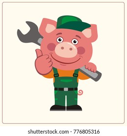 Funny pig in wearing overalls with the large wrench on her shoulder. Mechanic in cartoon style shows like.