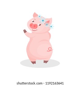 Funny pig wearing wreath of flowers, cute little piglet cartoon character vector Illustration on a white background