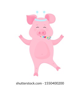 Funny pig with whistle at a party. Greeting card design.