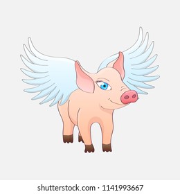 Funny pig with wings isolated on a gray background