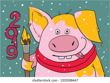 Funny pig with yellow paint and a brush for poster or postcard, new year symbol, vector eps10