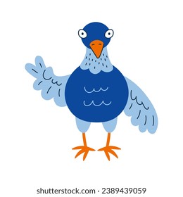 Funny pigeon cartoon vector illustration. Hand-drawn vibrant colored blue bird character showing peace gesture. Full body art in doodle style for kids.