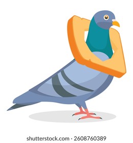 Funny pigeon character with crest of toast bread on neck isolated on white background. Vector illustration