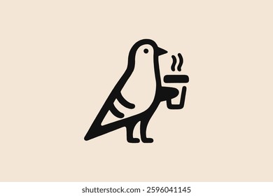 Funny pigeon with coffee cup, simple line art vector