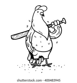 Funny pigeon fighter with baseball bat. Vector cartoon style illustration.