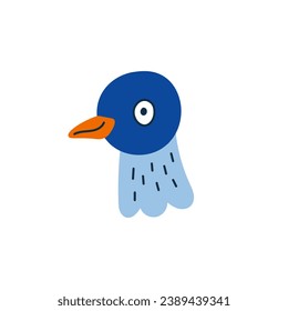 Graciosa ilustración vectorial del doodle de la cabeza de paloma. Feliz cara de pájaro azul. Animales callejeros de la ciudad. Carácter, diseño de mascota. Impresión dibujada a mano para los niños. Fondo blanco