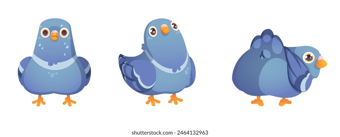 Funny pigeon vector set. Cute dove character cartoon. Happy mascot animal different position collection and various emotion expression design. Wild outdoor ornithology element with wings isolated