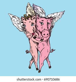 Funny piggies couple with lovely angel wings dancing tango, hand drawn doodle, sketch in pop art style, color vector illustration