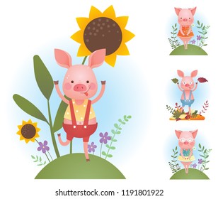 Funny piggy backgrounds set - vector humor color illustration