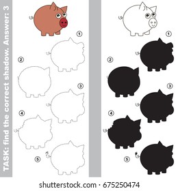 Funny Piggy with different shadows to find the correct one, compare and connect object with it true shadow, the educational kid game with simple gaming level.