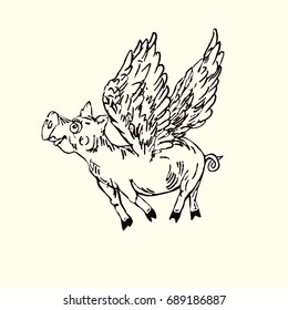 Funny piggy with lovely angel wings, hand drawn doodle, sketch in pop art style, black and white vector illustration