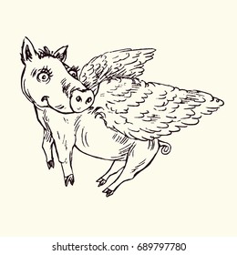 Funny piggy with lovely angel wings, hand drawn doodle, sketch in pop art style, black and white vector illustration