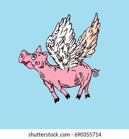 Funny piggy with lovely angel wings, hand drawn doodle, sketch in pop art style, color vector illustration