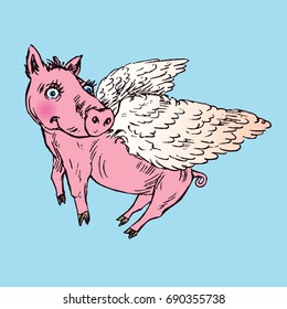 Funny piggy with lovely angel wings, hand drawn doodle, sketch in pop art style, color vector illustration