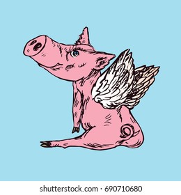 Funny piggy with lovely angel wings sitting, hand drawn doodle, sketch in pop art style, color vector illustration