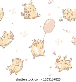 Funny Piggy Seamless Pattern Print Vector Set. Cute Wrapping Paper Design with Yellow Pig Character Fly on Balloon, Hold Pineapple get Fun. Summer Invitation Card Illustration on White Background