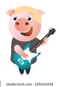 A funny piggy sings and plays on  bass guitar. Musician. Vector illustration.  Isolated on transparent background.  Excellent for the design of postcards, posters, stickers and so on.