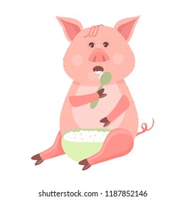 Funny Piggy symbol 2019 new year. Funny pig sitting and eating a plate of porridge spoon. Vector illustration for your design