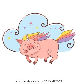 Funny Piggy symbol 2019 new year. Magic unicorn pig in doodle style. Vector illustration for your design