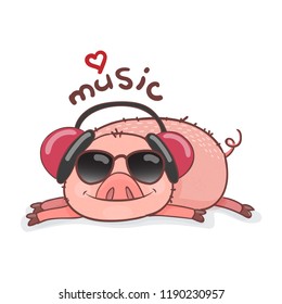 Funny Piggy symbol 2019 new year in doodle style. A little piggy lies and listens to music. Vector illustration for your design