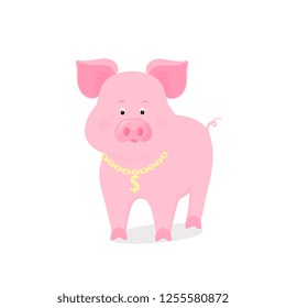 Funny piggy symbol of the Chinese New Year 2019. Cute pig with a gold chain and a dollar icon.