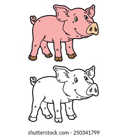 funny piggy. Vector illustration coloring page of happy cartoon pig for children and scrap book