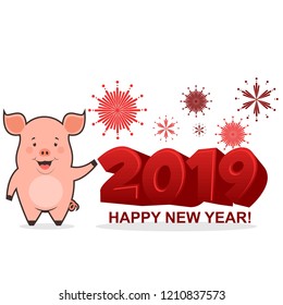 Funny piglet.Happy 2019 New Year. Pig Chinese zodiac symbol of the year. Vector illustration in cartoon style.