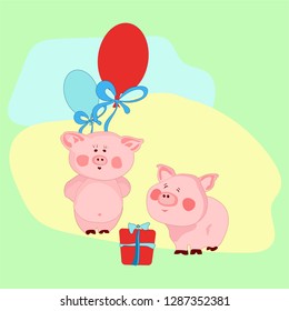 funny piglets from a cartoon on a gentle background with balls and gifts