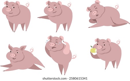 Funny piglets in different positions and moods. Cute pigs are staylin, laying, running, smiling, eating, crying. Vector illustrations in pastel colors. Characters in cartoon style.