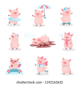 Funny pigs activity set, cute piglets cartoon characters in different situations vector Illustration on a white background