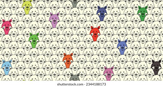 Cerdos divertidos, entre los cuales hay unos de colores. Cerdos, idénticos. Vector para papel impreso, interior, papel pintado.