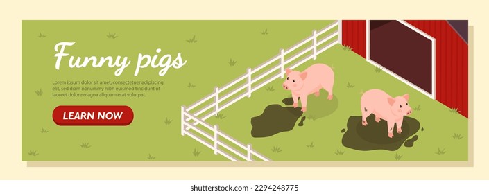 Funny pigs banner. Domestic animals in paddock near barn. Farming and agriculture, rural village. Poster with dirty animals. Landing page design. Cartoon isometric vector illustration