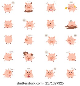 Funny Pigs Cartoon Characters Set. Flat Collection Of Little Cute Animals In Various Situations, Singing, Acting, Dancing, And Having Fun.