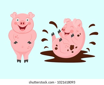 Funny pigs. A dirty little pig is playing in a puddle. Vector illustration.
