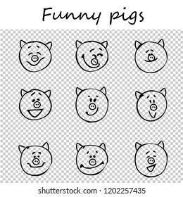 Funny pigs. Doodle animal faces with positive emotions, black outlines, transparent background. Emoticons. Emotional icons. Vector illustration.