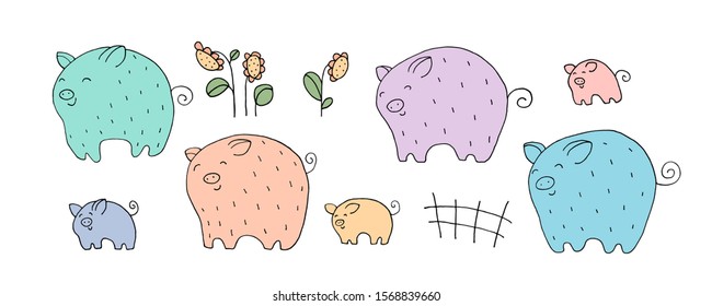 Funny pigs and hand drawn elements. Animals on the farm. Eps10 vector line-art illustration.