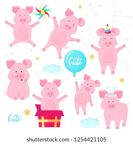 Funny pigs having fun. Cute piglets celebrate their birthday. Boars at a party.