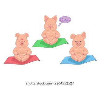 Funny pigs in the lotus position, cartoon pig sitting in the lotus position. Lucky pig doing yoga. Pig meditating in lotus pose.